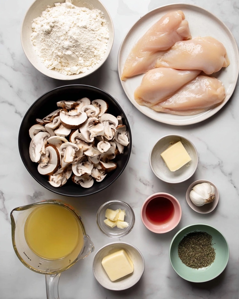 The image shows several bowls and measuring cups with ingredients arranged on a white marbled surface. There is a white plate filled with four raw chicken fillets with a smooth, pale pink skin texture, positioned at the top right. Below it, there is a black bowl filled with sliced mushrooms showing a mix of light brown and white colors and a slightly rough texture. To the top left, a white bowl contains white flour with a soft powdery texture. Around those main bowls, smaller containers hold various ingredients: a clear measuring cup with yellow broth at the bottom left, a small white dish with minced garlic near it, another white dish with a pale yellow stick of butter, a pink bowl with light beige liquid, a red bowl with creamy yellow mustard, a pale green bowl with green oil, a clear measuring cup with white cream, and a pale blue bowl with dried green herbs. All items are well spaced and neatly arranged on the smooth white marble countertop. Photo taken with an iphone --ar 4:5 --v 7