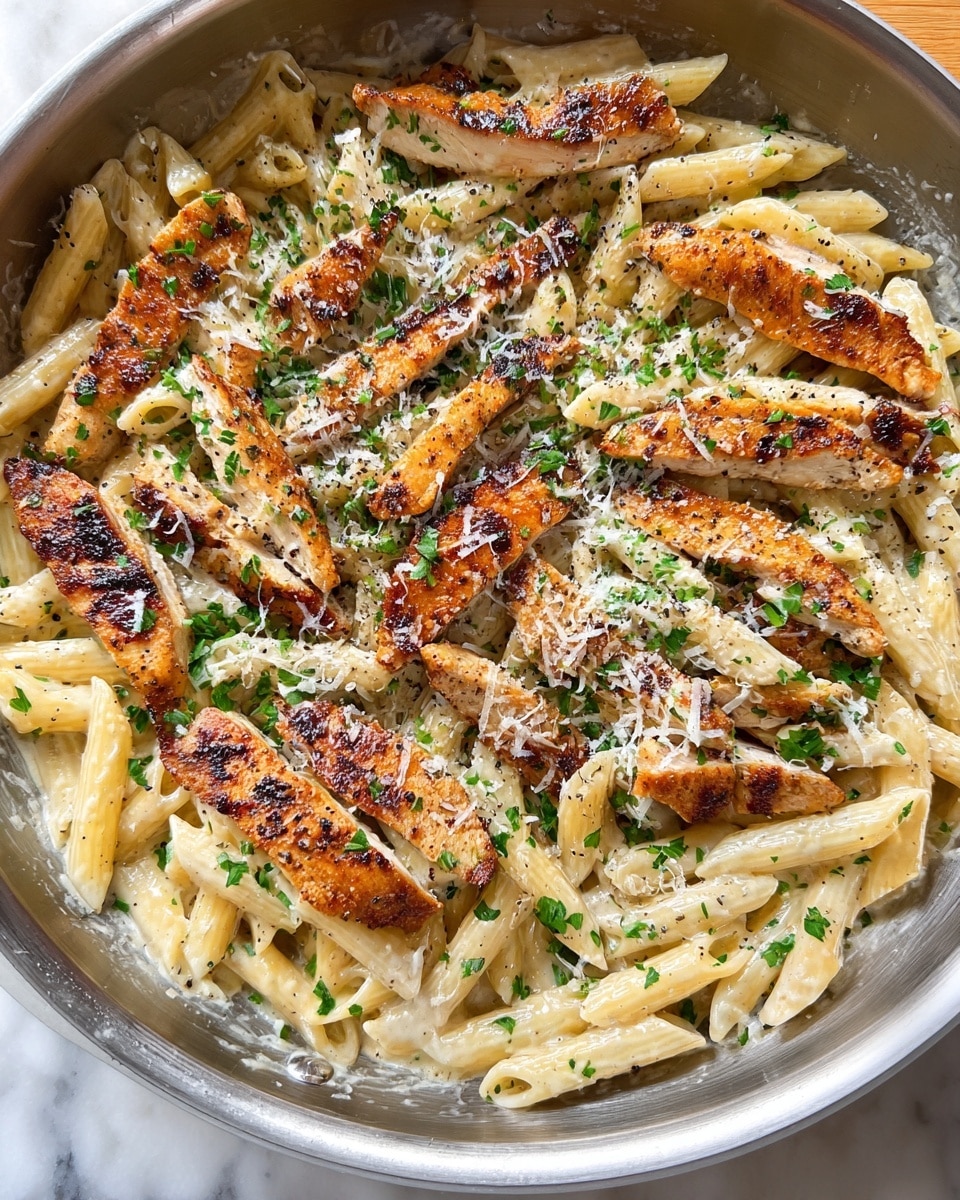 A close-up view of a stainless steel pan filled with creamy penne pasta mixed with white sauce, topped with grilled chicken strips that have a golden-brown, slightly charred crust. The pasta is coated evenly in the light, creamy sauce with visible flecks of black pepper and fresh green parsley sprinkled across the top. The dish is finished with a light dusting of grated white cheese scattered evenly over the chicken and pasta, all sitting on a white marbled surface. photo taken with an iphone --ar 4:5 --v 7