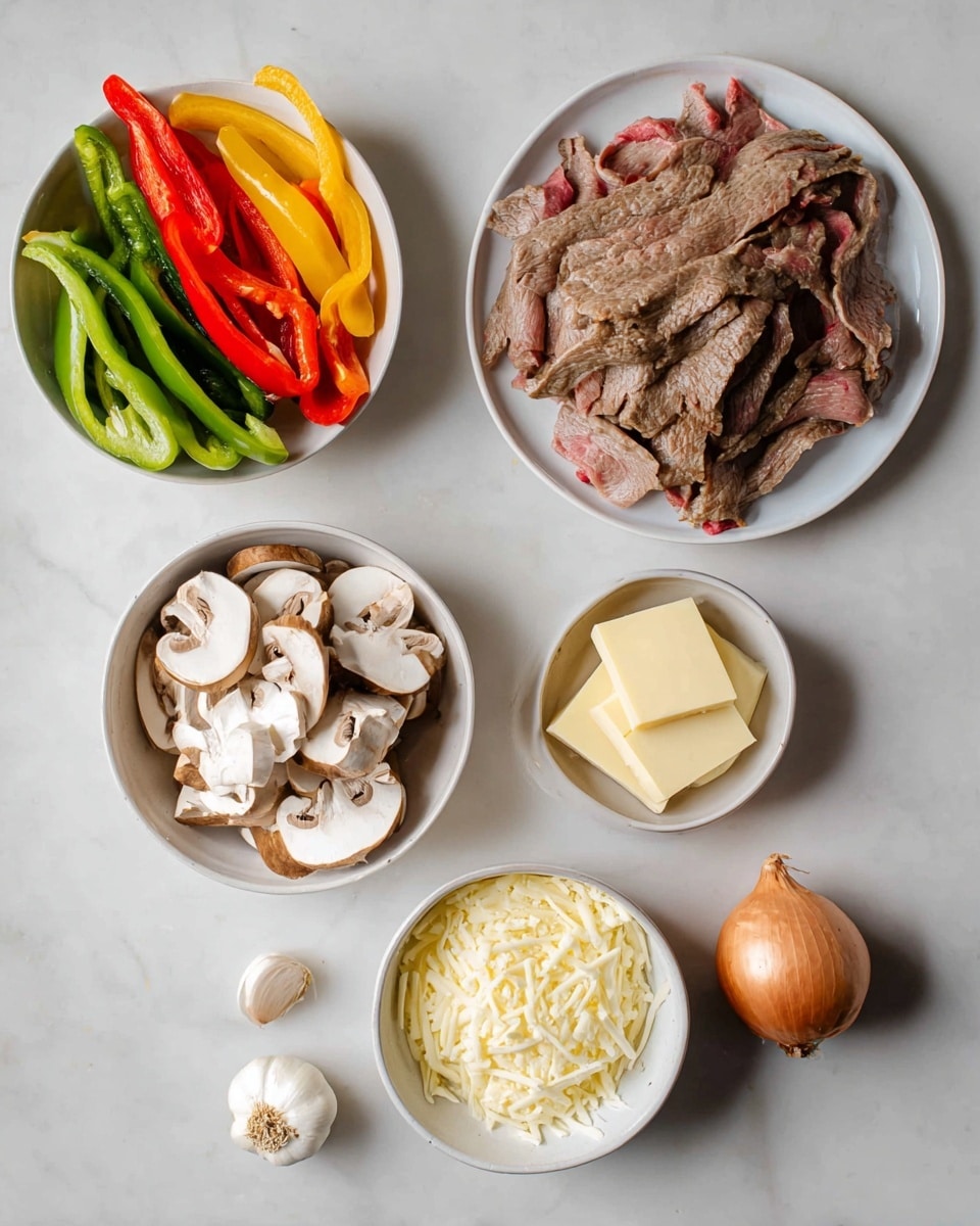 The image shows six white dishes and two garlic cloves on a white marbled surface. At the top right, a white plate is filled with thin, folded slices of cooked roast beef in brown and pink shades. Below and slightly left, a round white bowl holds bright red, green, and yellow sliced bell peppers with a shiny texture. Below that, another white bowl contains light to medium brown mushroom slices with smooth caps. At the bottom center, a small white plate has four round, pale yellow cheese slices stacked neatly. To the right, a small white bowl is filled with shredded white cheese. To the left of the cheese plate, a small brown onion lies on the surface. Near the peppers is a small white bowl holding three pale yellow cubes of butter. Close to it are two garlic cloves with white and light brown skins. The setup has a clean, organized look with soft natural light illuminating the ingredients from above. photo taken with an iphone --ar 4:5 --v 7