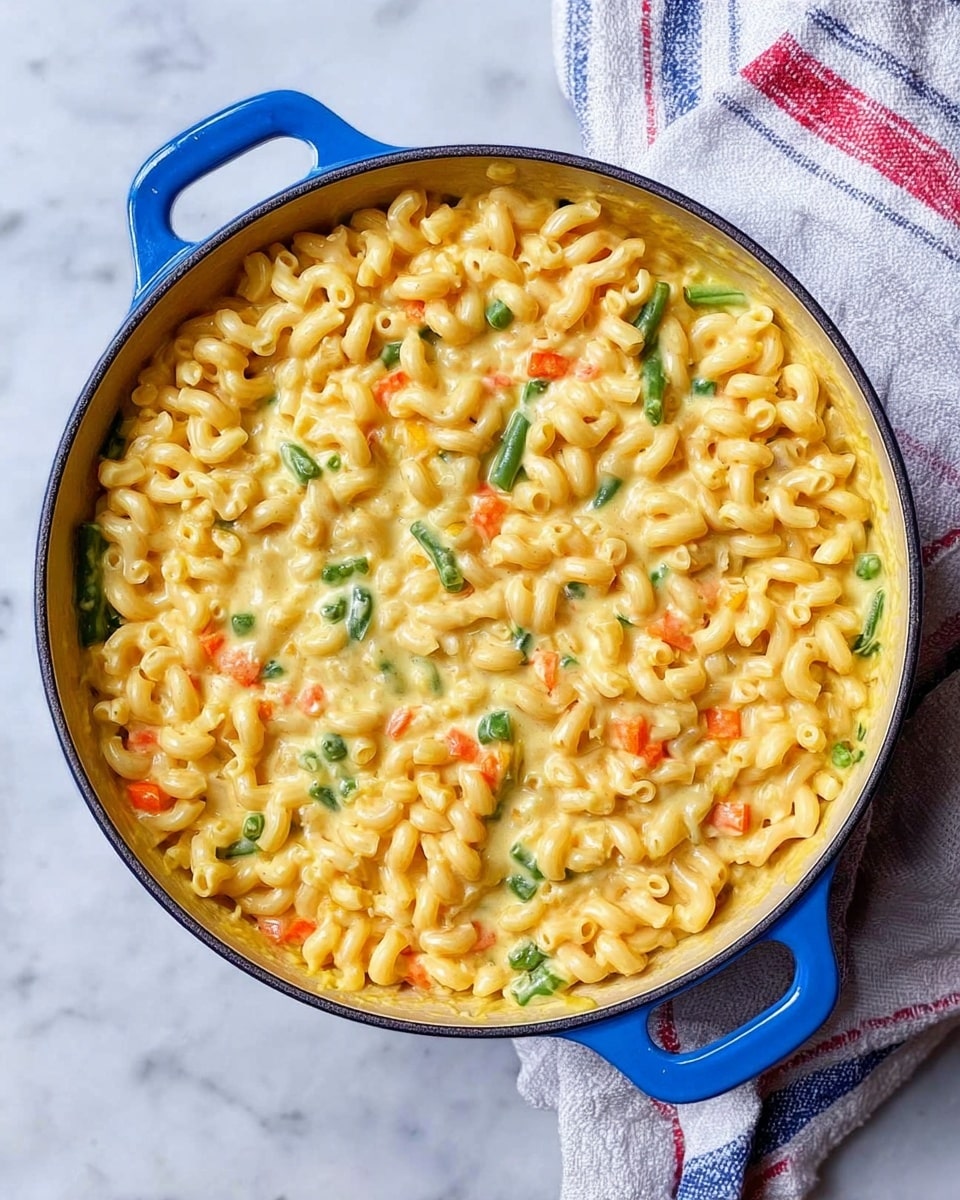 A round blue pot filled with three main layers of food is shown from above on a white marbled surface. The top layer is light golden curly pasta that covers almost the whole surface. Below it, the second layer has a creamy yellow sauce mixed with small pieces of green beans and orange carrot bits spread evenly around the edges. The third layer is hidden but hinted at by the creamy sauce holding the pasta and vegetables together. A white cloth with red and blue stripes is placed to the right side of the pot. photo taken with an iphone --ar 4:5 --v 7
