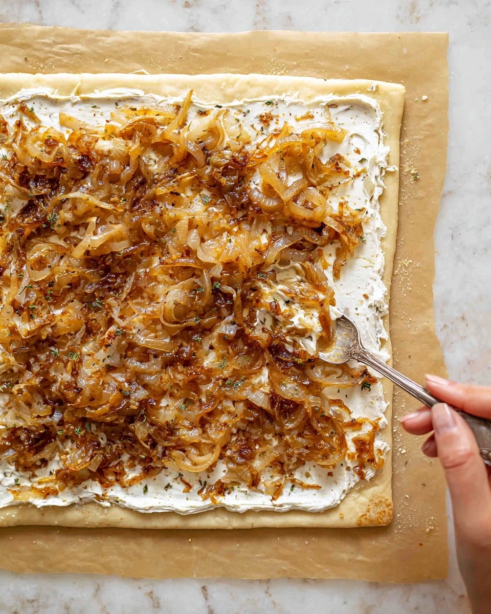 The image shows a close-up of a square sheet of dough with three visible layers: a bottom light beige dough layer, a middle white creamy spread layer spread evenly near the edges, and a top layer of golden-brown caramelized onions with some visible herbs and specks of grainy mustard spread unevenly. A woman's hand is holding a silver vintage fork on the right side, gently placing or spreading the onion layer on the dough. The dough is placed on a white marbled textured surface. photo taken with an iphone --ar 4:5 --v 7