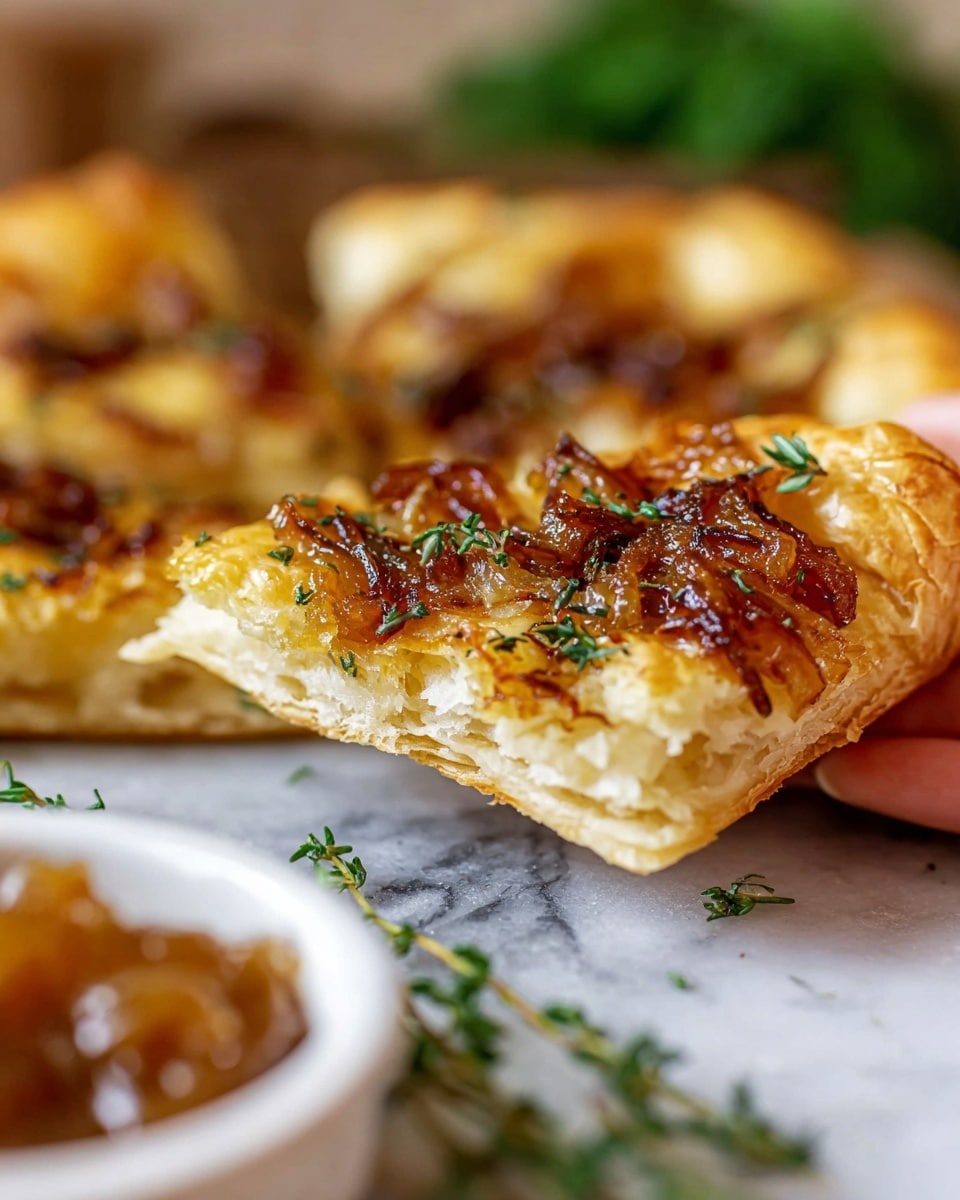 The image shows a square tart with one main slice in the center and several pieces around it, all on white parchment paper over a white marbled surface. The tart has two layers: a golden-brown flaky crust at the bottom and a top layer of caramelized onions mixed with a creamy white cheese, giving a textured look with golden and light cream colors. Small green herb sprigs are scattered on top for garnish. In the background, there is a white plate holding onion halves and a small white bowl filled with a shiny, thick brown sauce or jam. Photo taken with an iphone --ar 4:5 --v 7