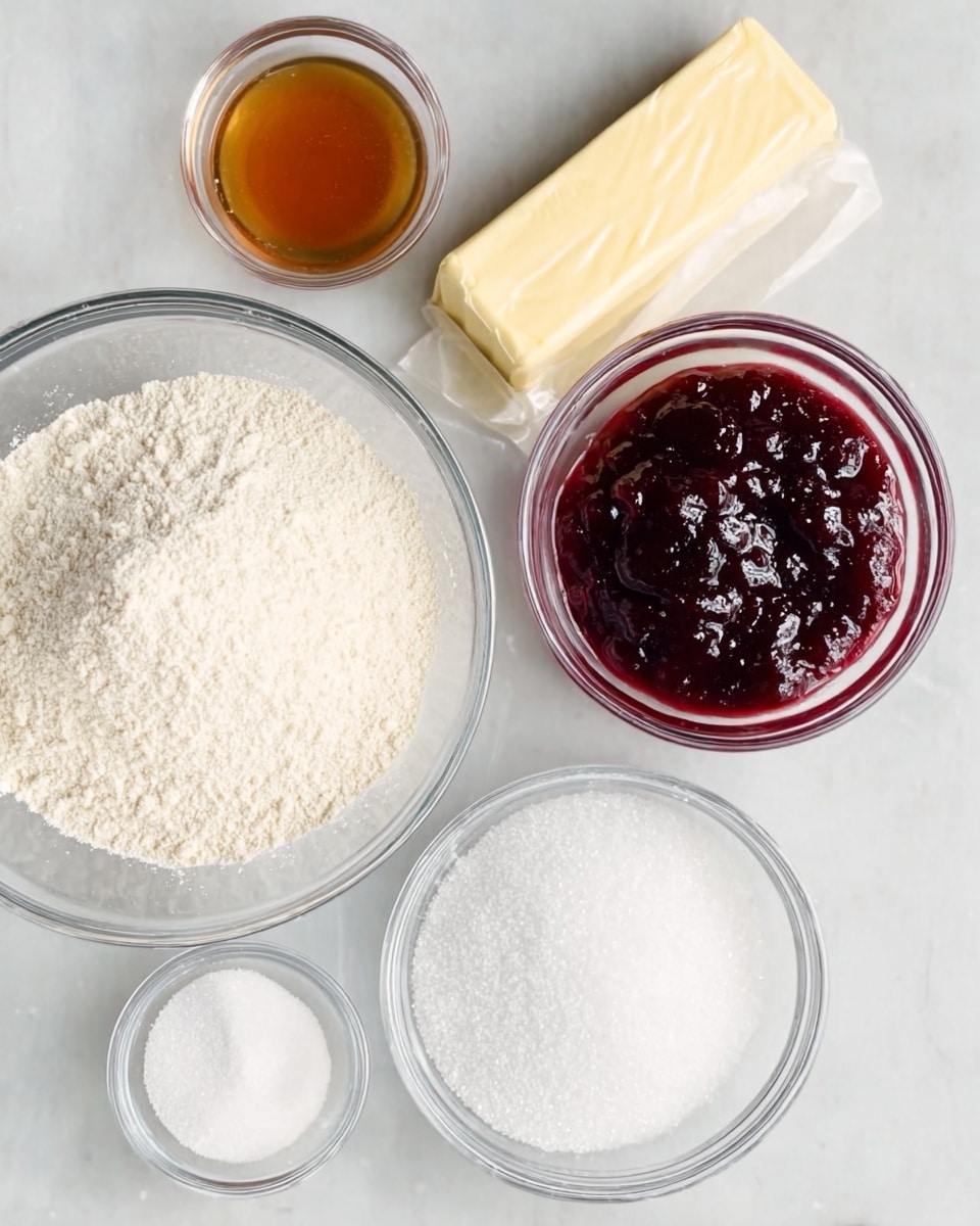 The image shows five clear glass bowls and a stick of butter arranged on a white marbled surface. The largest bowl is filled with a fine white powder, likely flour, positioned near the bottom. To its upper right is a bowl of thick, dark red jam with a shiny texture. Above the jam bowl and to the right is an unwrapped stick of butter with measurement markings visible. To the upper left is a smaller bowl filled with a light brown liquid, possibly vanilla extract. Below that is a bowl of white granulated sugar. The bowls and butter are neatly spaced and well-lit, highlighting their different textures and colors. Photo taken with an iphone --ar 4:5 --v 7