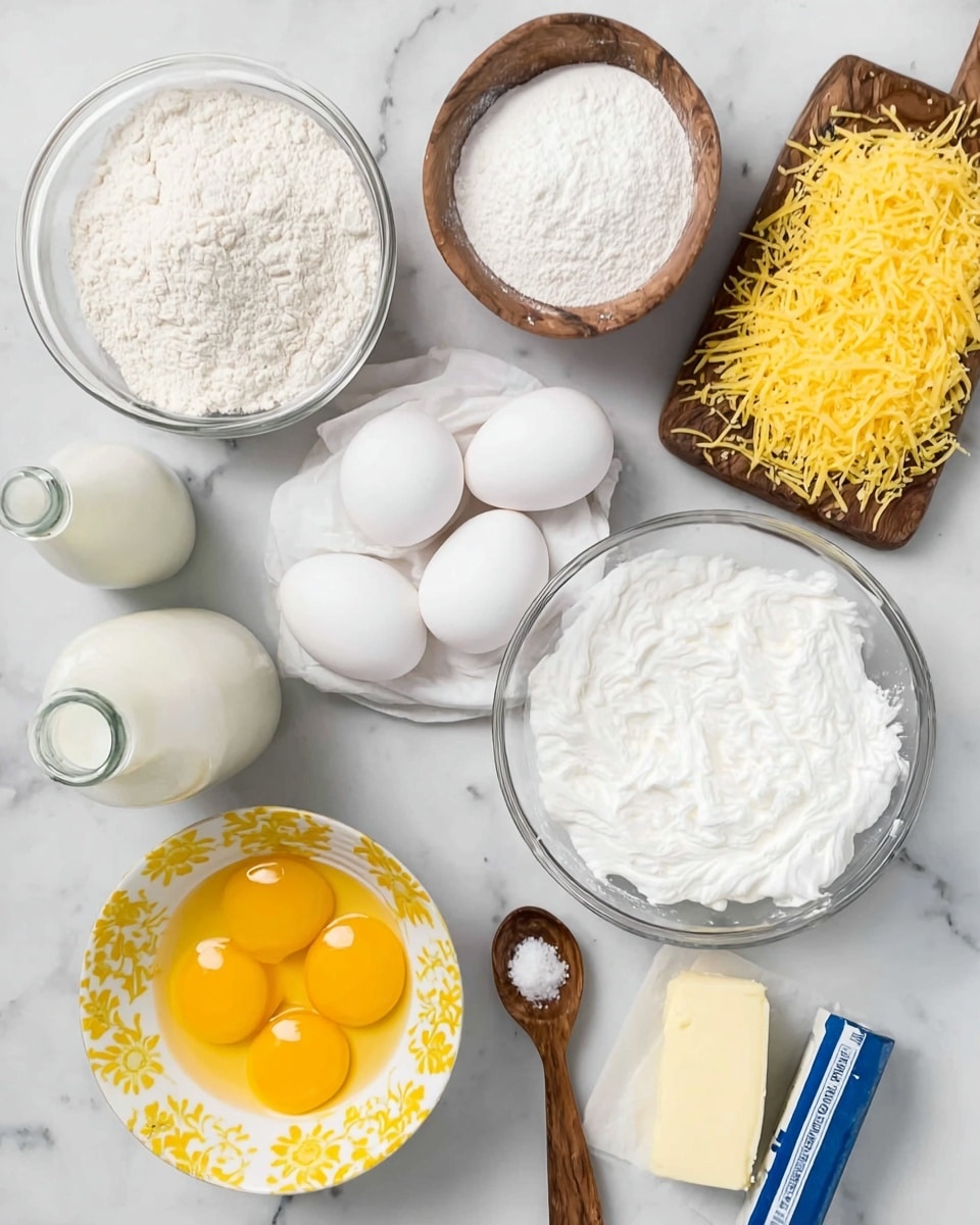 The image shows several ingredients arranged on a white marbled surface. At the top left, there is a clear glass bowl filled with white flour; to the right, a small wooden board holds shredded yellow cheese. Near the center, a wooden bowl is filled with white powdered sugar, and below it, a clear glass bowl holds whipped egg whites with a soft, fluffy texture. On the left side, four white eggs rest on a white paper towel, and a small glass bottle of milk is nearby. At the bottom left, a round bowl with a yellow floral pattern contains separated bright yellow egg yolks. A small wooden spoon with salt sits diagonally on the right next to a partially visible stick of butter in blue and white packaging. photo taken with an iphone --ar 4:5 --v 7