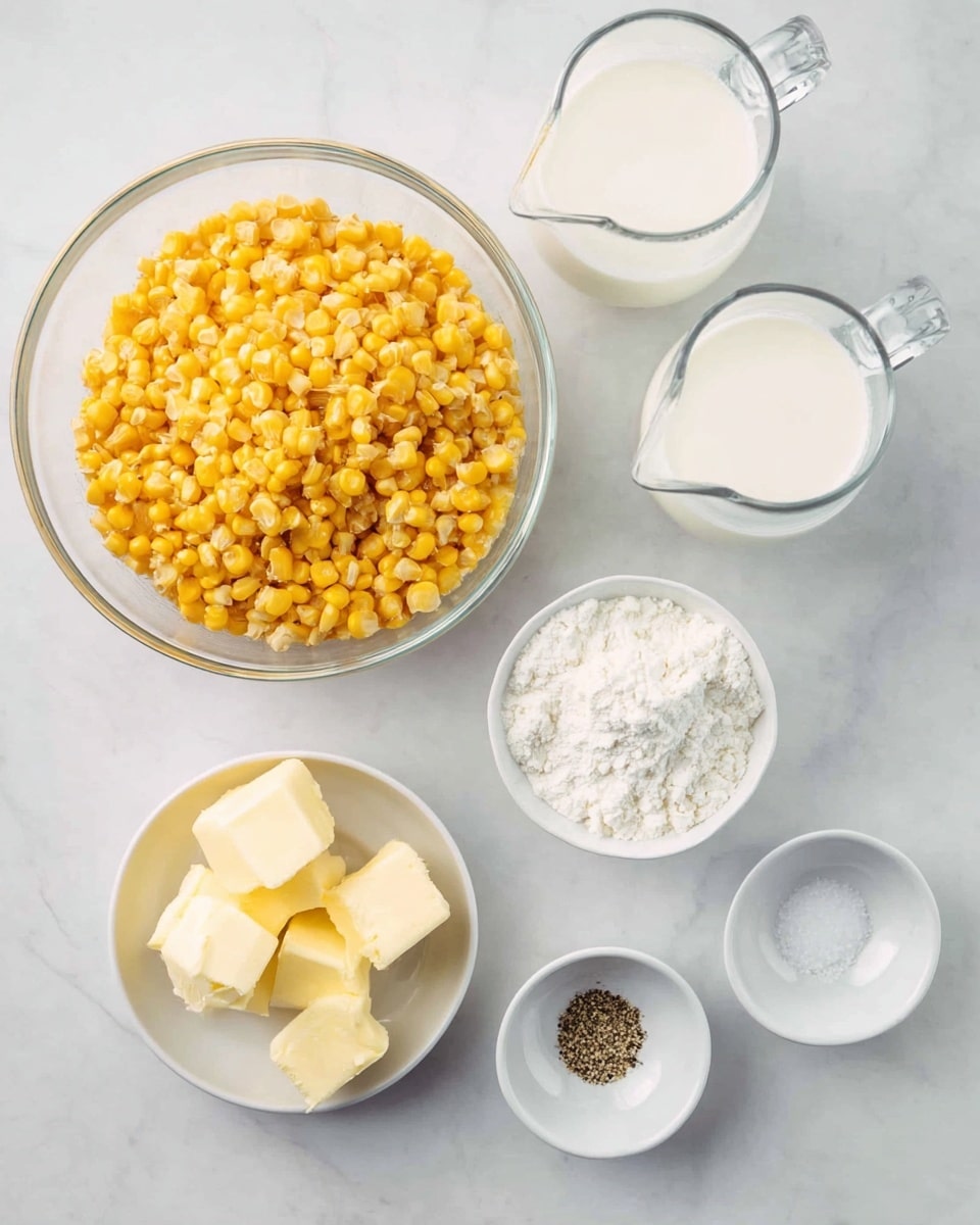 A top view of ingredients arranged on a white marbled surface, featuring a large clear glass bowl filled with bright yellow corn kernels on the left side, two clear measuring jugs with white creamy liquids positioned on the right side above, a small white bowl holding three thick pale yellow butter pieces at the bottom left, and three small white bowls containing white flour, white granulated salt, and a mix of white salt and black pepper, placed in a row from left to right along the bottom center. photo taken with an iphone --ar 4:5 --v 7