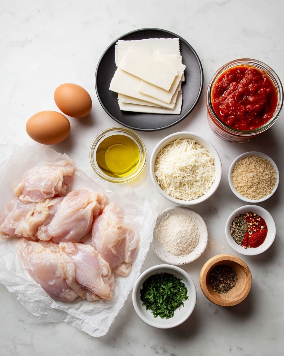 The image shows raw chicken pieces placed on white parchment paper at the center right on a white marbled surface. To the left of the chicken, there are three brown eggs arranged close to each other. Above the eggs, there is a black plate with several white slices of cheese stacked neatly. Surrounding the chicken and eggs, there are small white bowls filled with different ingredients: one with olive oil, another with a white powdery flour, one with breadcrumbs, one with shredded cheese, and one with another breadcrumb-like mixture. There are also small wooden bowls with green chopped herbs, a mix of spices including salt, black pepper, and garlic powder, and red chili flakes. To the far right is a clear glass jar filled with red tomato sauce. The entire setup is on a bright white marbled surface. photo taken with an iphone --ar 4:5 --v 7
