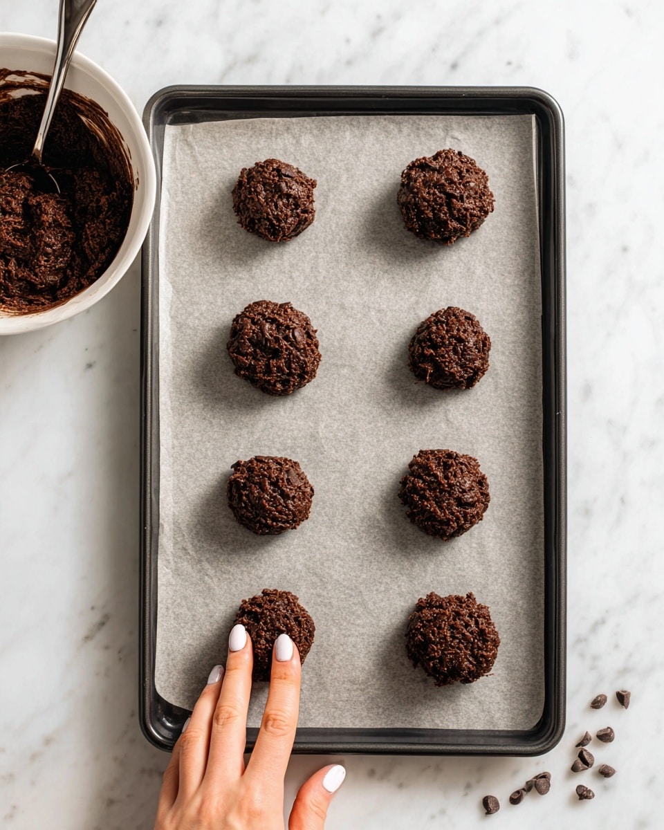 A black baking tray lined with light gray parchment paper holds eight dark brown cookie dough balls spaced evenly in two columns. The dough is textured and studded with small dark chocolate chips, showing a rough, chunky surface. A white marbled surface is underneath the tray. In the bottom left corner, a woman's hand with white painted nails is gently pressing down on one dough ball, slightly flattening it. In the top left, a white bowl contains more dark brown dough with a metal spoon resting inside. A few loose chocolate chips are scattered on the white marbled surface around the tray. photo taken with an iphone --ar 4:5 --v 7