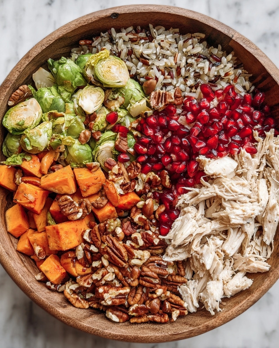 A wooden bowl is filled with five distinct layers arranged in sections: shredded white chicken at the bottom right with a soft, fibrous texture; bright red pomegranate seeds above the chicken, shiny and jewel-like; a mix of wild and brown rice at the top with a grainy, slightly dry look; roasted orange sweet potato chunks and green Brussels sprouts at the bottom left, showing a light char and vibrant colors; and roughly chopped pecans scattered mainly along the top left and center, with a rich brown, slightly glossy texture. The bowl rests on a white marbled surface. photo taken with an iphone --ar 4:5 --v 7