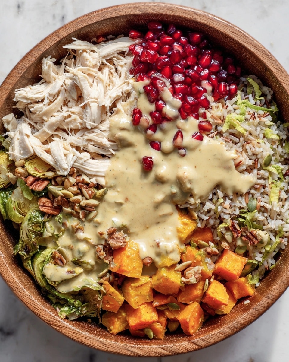 A wooden bowl holds a multi-layered dish starting with a base of mixed wild and brown rice on the right side. On the left side, there is shredded white chicken. In the center top, bright red pomegranate seeds add a pop of color. At the bottom center, there are roasted orange sweet potato cubes mixed with green Brussels sprout leaves. A creamy beige sauce is drizzled over the chicken, rice, nuts, and vegetables, blending the layers slightly. The bowl is on a white marbled surface. photo taken with an iphone --ar 4:5 --v 7