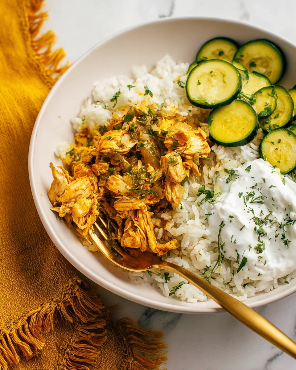 A white bowl filled with three main layers: at the bottom, a layer of white rice with visible grains; in the middle, shredded orange-yellow seasoned chicken with herbs mixed in; on top right, round slices of cooked green zucchini arranged in a small pile; on the side, a dollop of white yogurt garnished with green herbs; a golden fork is resting inside the bowl, partly lifting some rice and chicken; a mustard yellow fringed cloth is placed next to the bowl on a white marbled surface. photo taken with an iphone --ar 4:5 --v 7