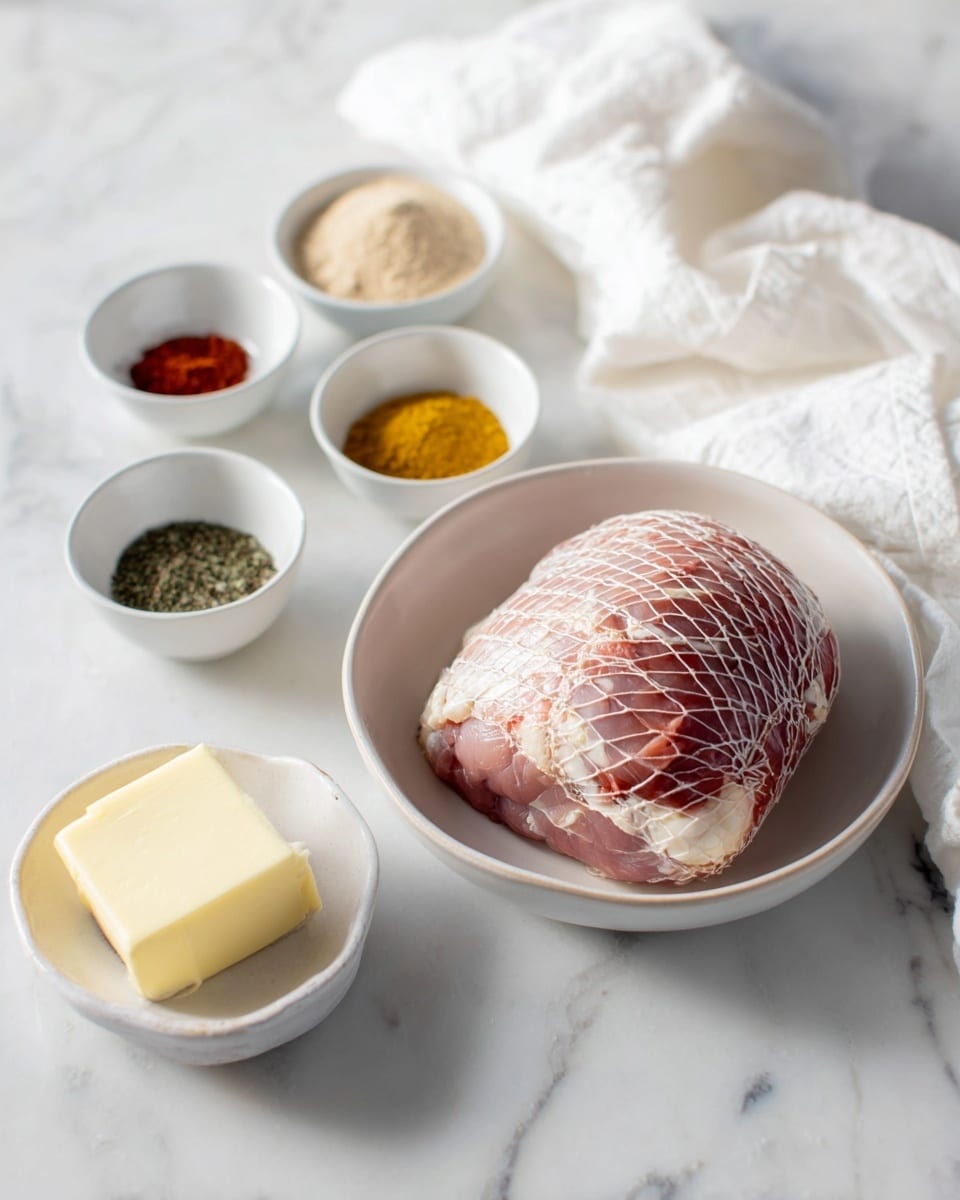 A round piece of raw meat with netting around it sits in the center of a white bowl. Behind it, there are three small white bowls arranged in a curved line: one holds light brown powder, another has light yellow powder, and the last contains three small piles of red, black, and green spices. In front of the meat, a small white bowl holds a stick of light yellow butter. All items rest on a white marbled surface with a white cloth partially covering the top right corner. Photo taken with an iphone --ar 4:5 --v 7