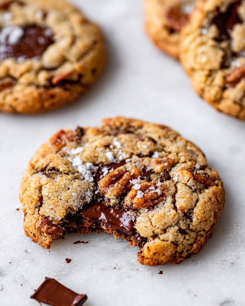 The image shows close-up chocolate chip cookies on a white marbled surface. The cookie in front has a large bite taken out, revealing melted dark chocolate inside. The cookie dough is golden brown with a rough, crumbly texture. There are visible nut pieces and large chocolate chunks on the surface, with some chocolate smeared on the white marbled texture beneath the bitten cookie. Two more whole cookies appear softly blurred in the background, with similar texture and chocolate chunks visible. The lighting is bright, highlighting the rich, warm tones of the cookies and the shine of the melted chocolate. Photo taken with an iphone --ar 4:5 --v 7