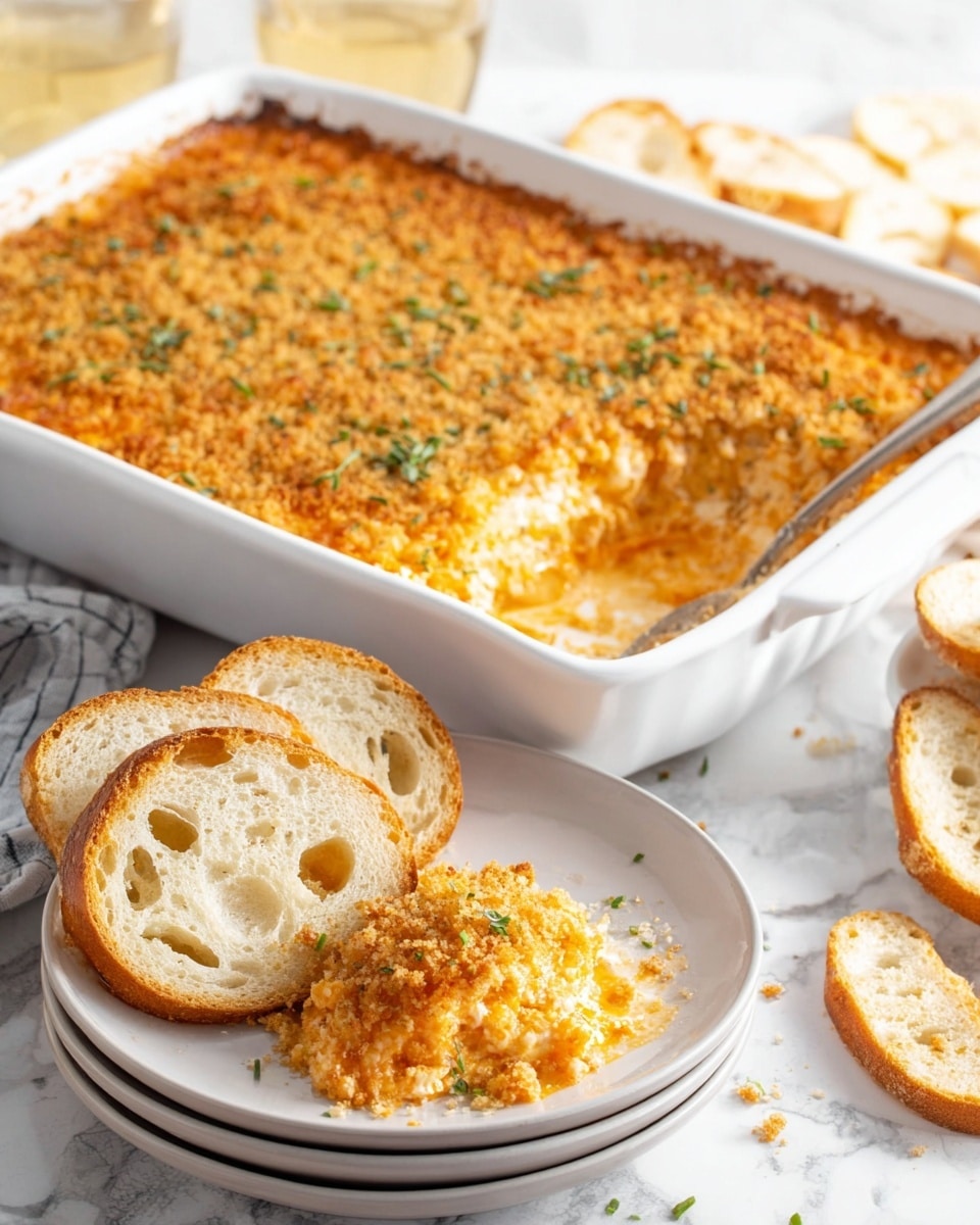 The dish shows a white rectangular baking dish filled with a golden brown crispy topping, dotted with small green parsley leaves. The top layer is crumbly and toasted, with a crunchy texture. A woman's hand is lifting a piece of light, toasted bread covered in the mixture, stretching melted cheese strands from the dish. The inside layers look creamy and cheesy under the crust. The dish is placed on a white marbled surface. photo taken with an iphone --ar 4:5 --v 7