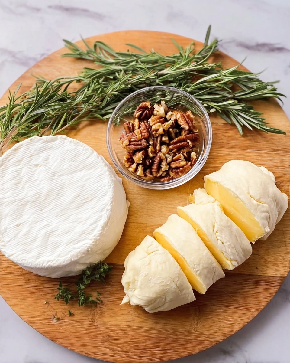 The image shows a wooden board with several ingredients neatly arranged on a white marbled surface. There is a round wheel of creamy white cheese with a textured surface, a log of dough folded and divided into four segments with a smooth yellowish color, a small clear glass bowl filled with chopped brown nuts, and a few sprigs of fresh green rosemary with needle-like leaves. All items rest on the board, and the white marbled background adds a clean and bright look. photo taken with an iphone --ar 4:5 --v 7