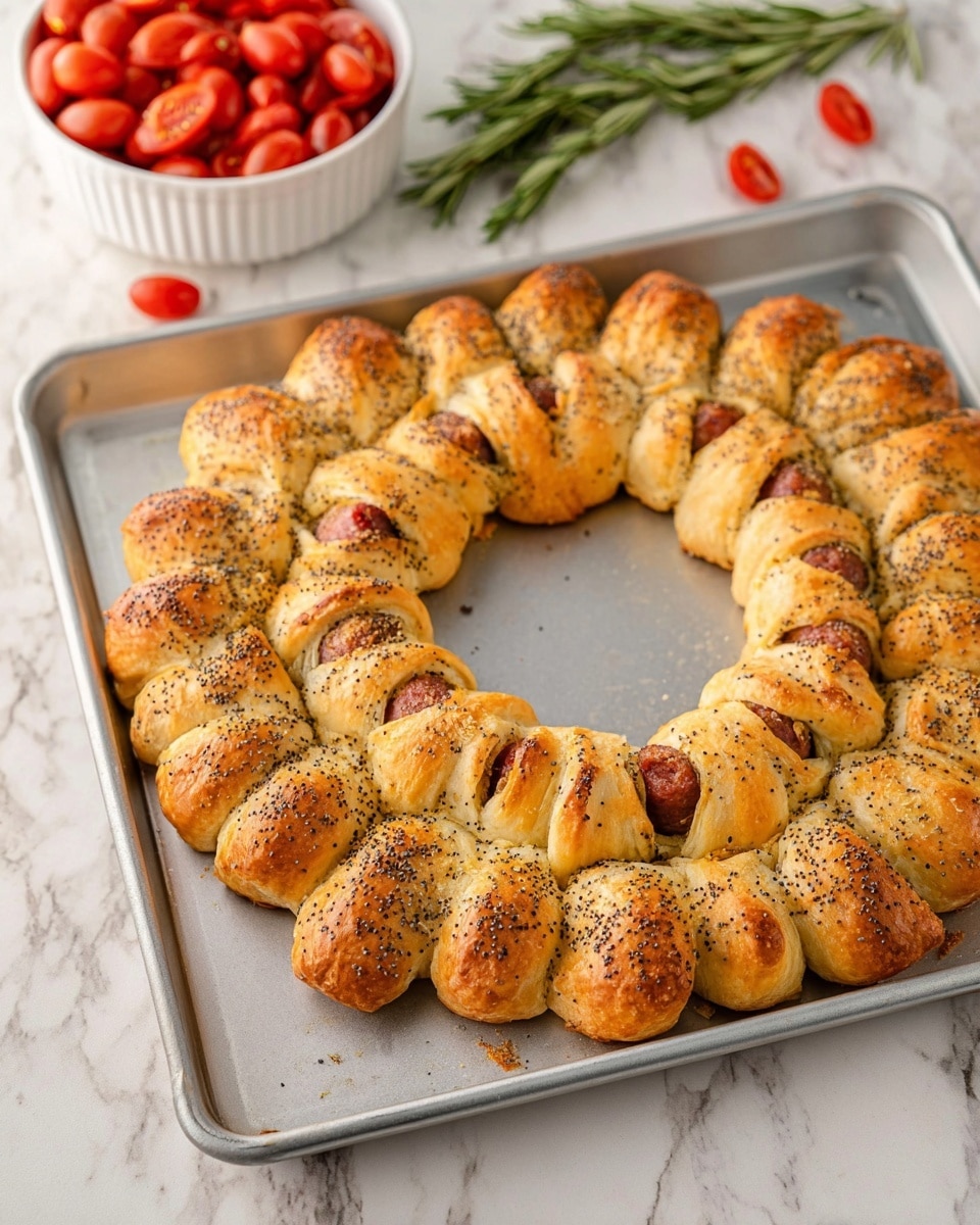 A baking tray with a circle made of small baked rolls, each roll wrapping a small sausage in golden brown dough sprinkled with black poppy seeds. The rolls are placed close together in a ring shape, showing a slightly crispy texture with some sausage ends peeking out. The tray is on a white marbled surface with a white bowl filled with red grape tomatoes nearby, and a green sprig of rosemary in the top left corner. A few loose tomatoes are scattered on the surface near the bowl. photo taken with an iphone --ar 4:5 --v 7