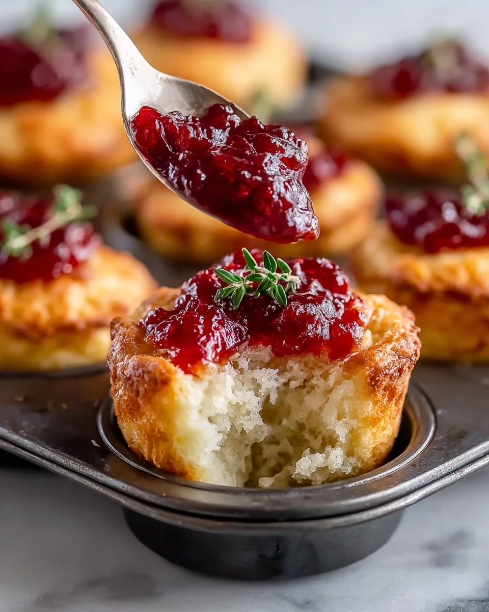 A close-up of a golden brown muffin in a dark baking tray cup, with a soft, light, and fluffy white interior exposed where a bite was taken, topped with a chunky, shiny red berry jam and a small sprig of green thyme, a silver spoon is placing more jam on top; other muffins with the same jam topping are blurred in the background on a white marbled surface photo taken with an iphone --ar 4:5 --v 7