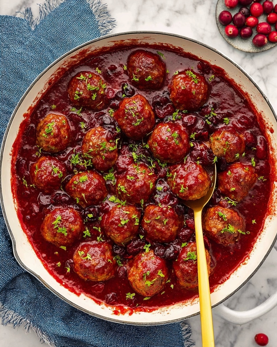 A white pan filled with about twenty round meatballs covered in a thick, deep red sauce with visible chunks of cranberries or similar berries. The meatballs have a brownish color partly visible under the sauce, and scattered across the top are small green herb pieces as garnish. A golden spoon is gently stirring the meatballs from the right side. The pan is placed on a white marbled surface with a blue cloth to the left and some whole cranberries scattered around. photo taken with an iphone --ar 4:5 --v 7