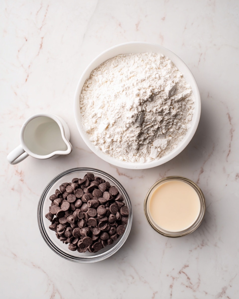 The image shows four small containers placed on a white marbled surface. The largest container, a white bowl, is filled with a heap of white powdered sugar with a slightly crumbly texture. Next to it is a clear glass bowl full of small, dark brown chocolate chips with a smooth and shiny surface. To the right of the chocolate chips, there is a small clear glass cup filled with a light beige creamy liquid, smooth in texture. At the top left corner, there is a small white ceramic dish with two handles, containing a clear liquid. The arrangement is simple and neat, with soft natural light highlighting the details. photo taken with an iphone --ar 4:5 --v 7