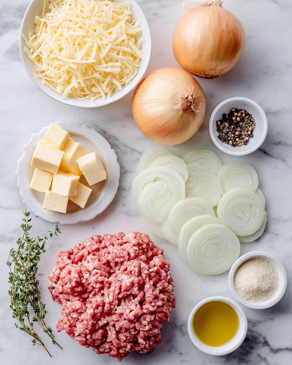 The image shows ingredients laid out on a white marbled surface. At the center bottom is a large portion of raw ground meat with visible white fat flecks. To the right of the meat, there are thin, white onion slices arranged in a fan shape. Above the meat, two whole yellow onions are positioned with their skins on. Near the top left, a white bowl holds shredded pale yellow cheese. Next to the cheese, small white bowls contain several cubes of butter, golden olive oil, some black and white whole peppercorns, and a light beige powder, likely a type of flour or seasoning. Green sprigs of fresh thyme add a touch of color near the edges. The arrangement is neat and organized, with all items clearly visible and well spaced. Photo taken with an iphone --ar 4:5 --v 7