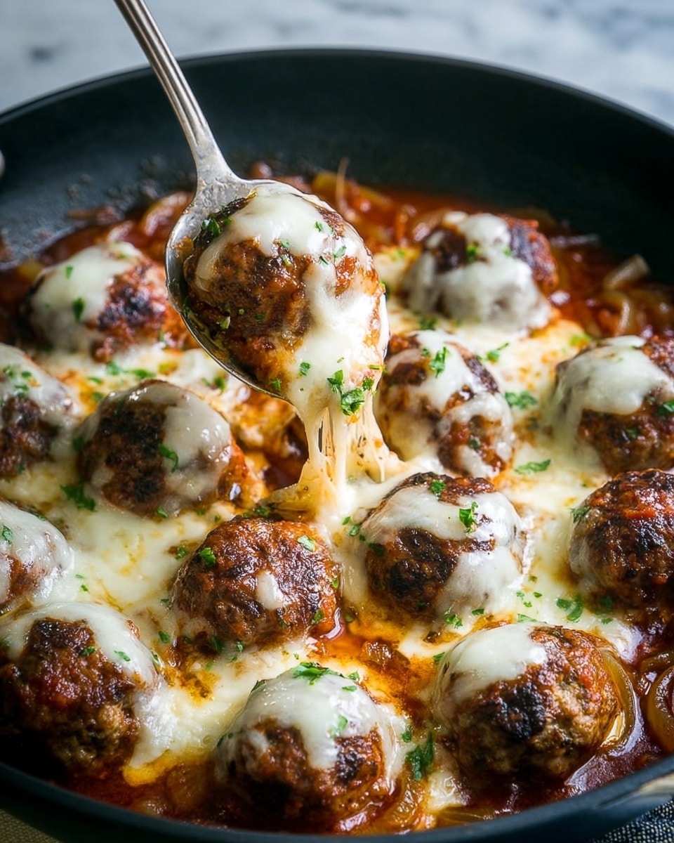 The image shows a black pan filled with meatballs topped with melted white cheese, sprinkled with small green herb pieces. The meatballs are brown and slightly crispy on top, sitting in a rich reddish-brown sauce that has soft cooked onion slices around and underneath the meatballs. A metal spoon lifts one meatball, showing the cheese melting over the sides. The pan rests on a white marbled surface. Photo taken with an iphone --ar 4:5 --v 7