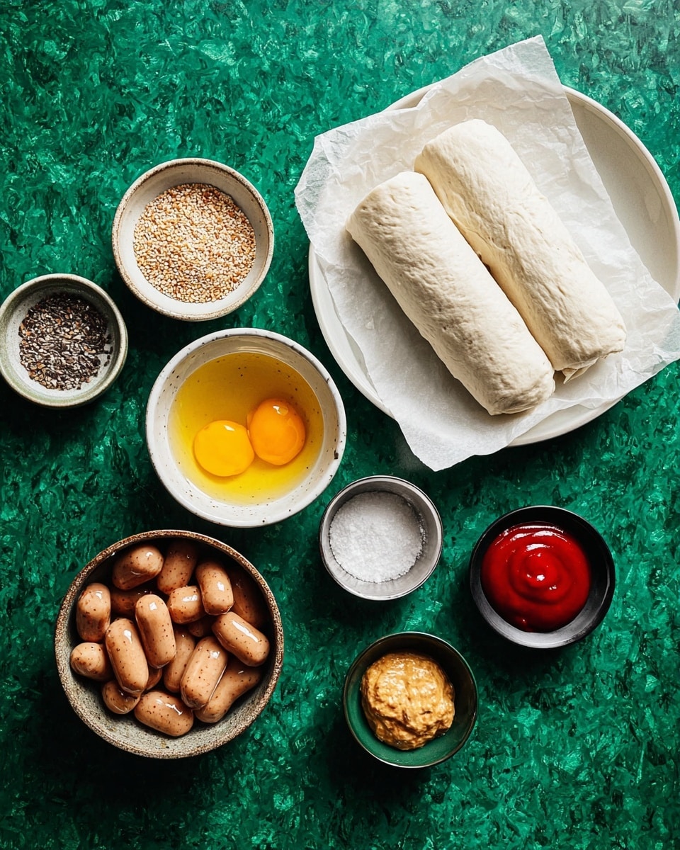 A white plate with a rolled dough wrapped in white parchment paper sits on a rich green textured surface. Surrounding the plate are five small bowls arranged in a semi-circle: one white bowl with a mix of dry seasonings including sesame seeds, one small shiny metallic bowl with coarse salt, one white bowl with beaten eggs showing a foamy yellow texture, one and one dark speckled bowl filled with many small light brown sausages, a black bowl with grainy mustard, and a dark green bowl with bright red ketchup, all set on the same green textured background. photo taken with an iphone --ar 4:5 --v 7