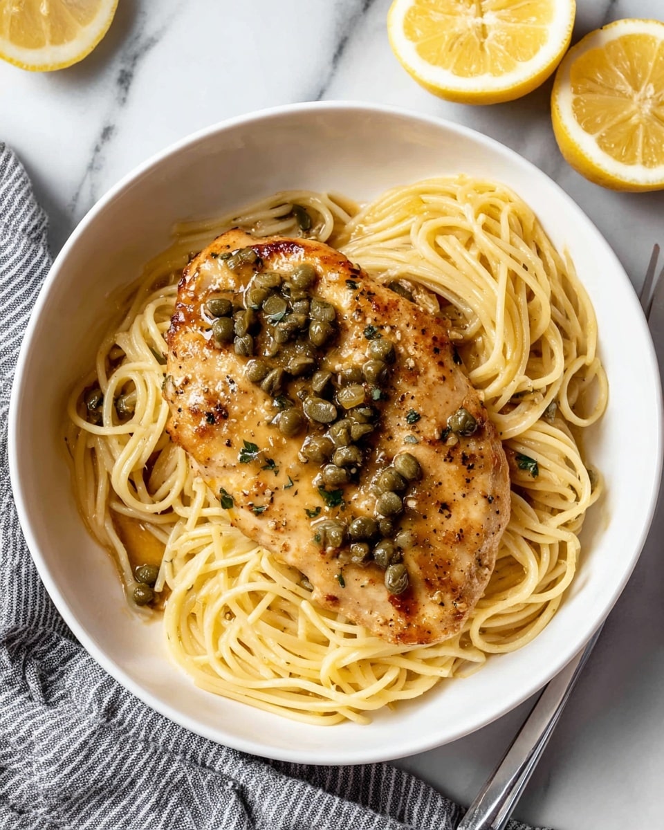 The image shows a white bowl with two main layers: the bottom layer is a nest of light golden spaghetti with a slightly shiny texture, and the top layer is a piece of cooked chicken with a golden-brown color covered in a sauce with visible small green capers and bits of garlic. The chicken looks juicy with a slight glaze on top, and the bowl sits on a white marbled surface with a gray and white striped cloth partially under it. There are two halved lemons, one squeezed, placed near the bowl. Photo taken with an iphone --ar 4:5 --v 7
