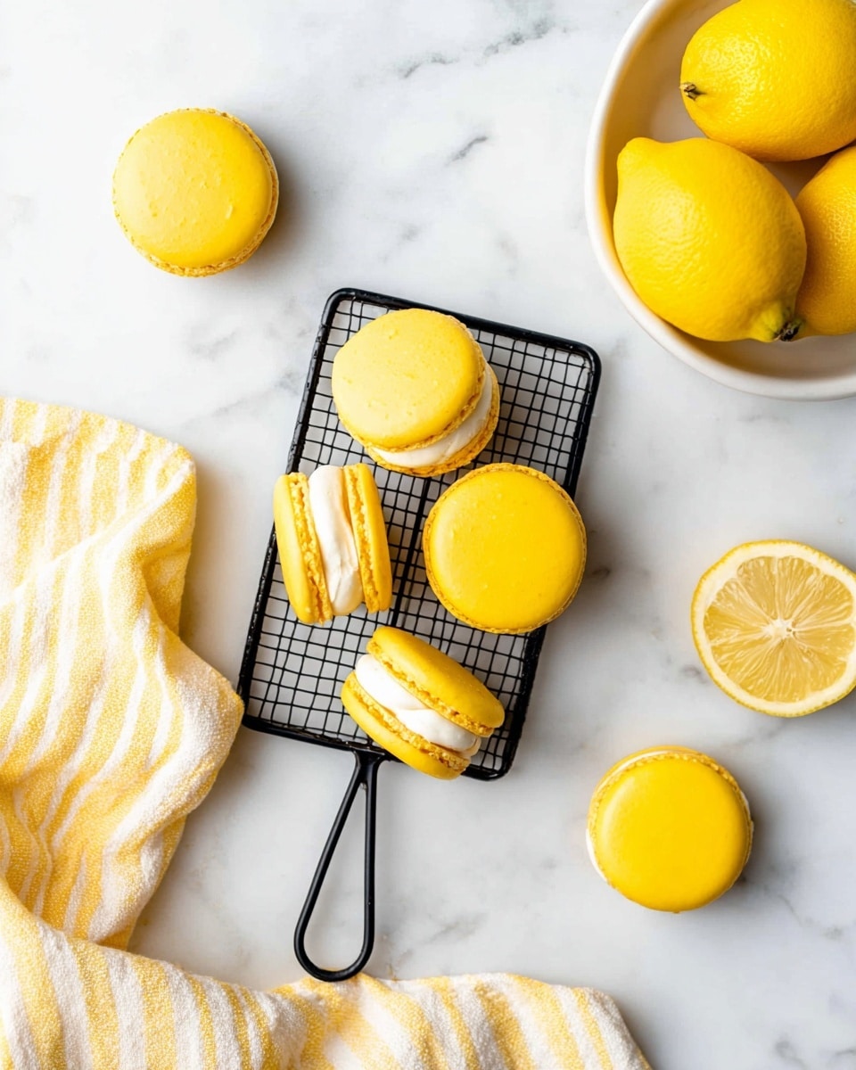 The image shows six yellow macarons arranged on a small black cooling rack with a triangular handle, placed on a white marbled surface. Two of the macarons are stacked showing a smooth white cream filling in the middle layer, while the other four are flat, with their smooth, shiny yellow tops visible. To the top right corner, a white bowl holds three whole lemons, and two lemon halves are placed on the white marbled surface nearby. A yellow and white striped cloth is laid to the bottom left corner, adding a soft texture to the scene. Photo taken with an iphone --ar 4:5 --v 7