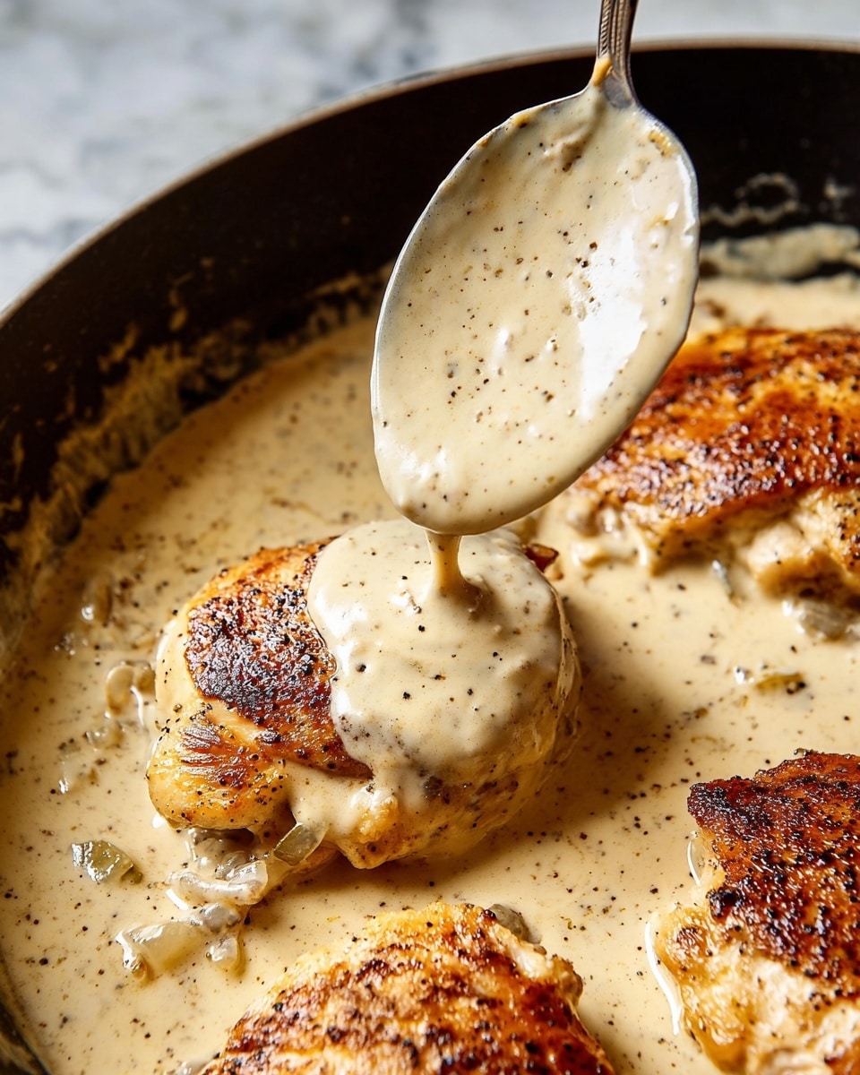 A close-up of a black skillet filled with creamy beige sauce with visible black pepper specks and sliced onions, covering browned cooked meat pieces with a slightly crispy texture visible beneath the sauce. The sauce is being poured on the meat from a metal spoon held above, showing a smooth creamy stream falling onto the meat's top layer, with the skillet edges partially in view. The background shows a white marbled texture. photo taken with an iphone --ar 4:5 --v 7