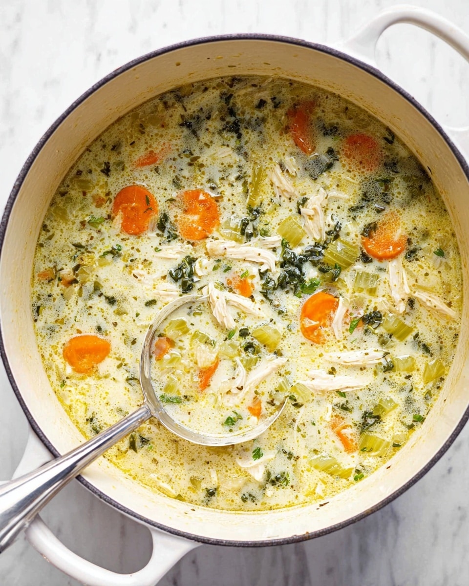 A large white pot filled with creamy chicken soup contains three main layers: a pale yellow creamy broth as the base layer, mixed with small pieces of shredded white chicken, bright orange sliced carrots, and light green celery chunks as the next layer, and chopped dark green leafy herbs floating throughout. A silver ladle is partly immersed on the left side, with its handle resting on the pot's edge. The pot sits on a white marbled surface. Photo taken with an iphone --ar 4:5 --v 7