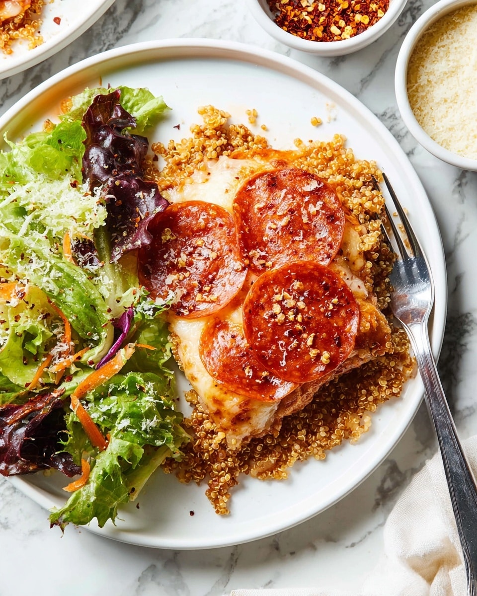 A white plate on a white marbled surface holds a layered dish with three main parts: a base layer of cooked quinoa with a grainy texture and a warm golden-brown color; above this is a layer of melted cheese that looks creamy, slightly browned, and stretchy; on top of the cheese are several round slices of reddish-orange pepperoni sprinkled with red chili flakes and grated parmesan cheese, adding texture and small color contrasts. To the left of the layered dish is a small side of mixed leafy greens including light green lettuce, darker green leaves, some purple cabbage, and thin orange carrot strips, lightly dressed and with a bit of grated cheese on top. A fork rests on the right edge of the plate. In the background, parts of two white bowls filled with red chili flakes and grated cheese are visible. Photo taken with an iphone --ar 4:5 --v 7