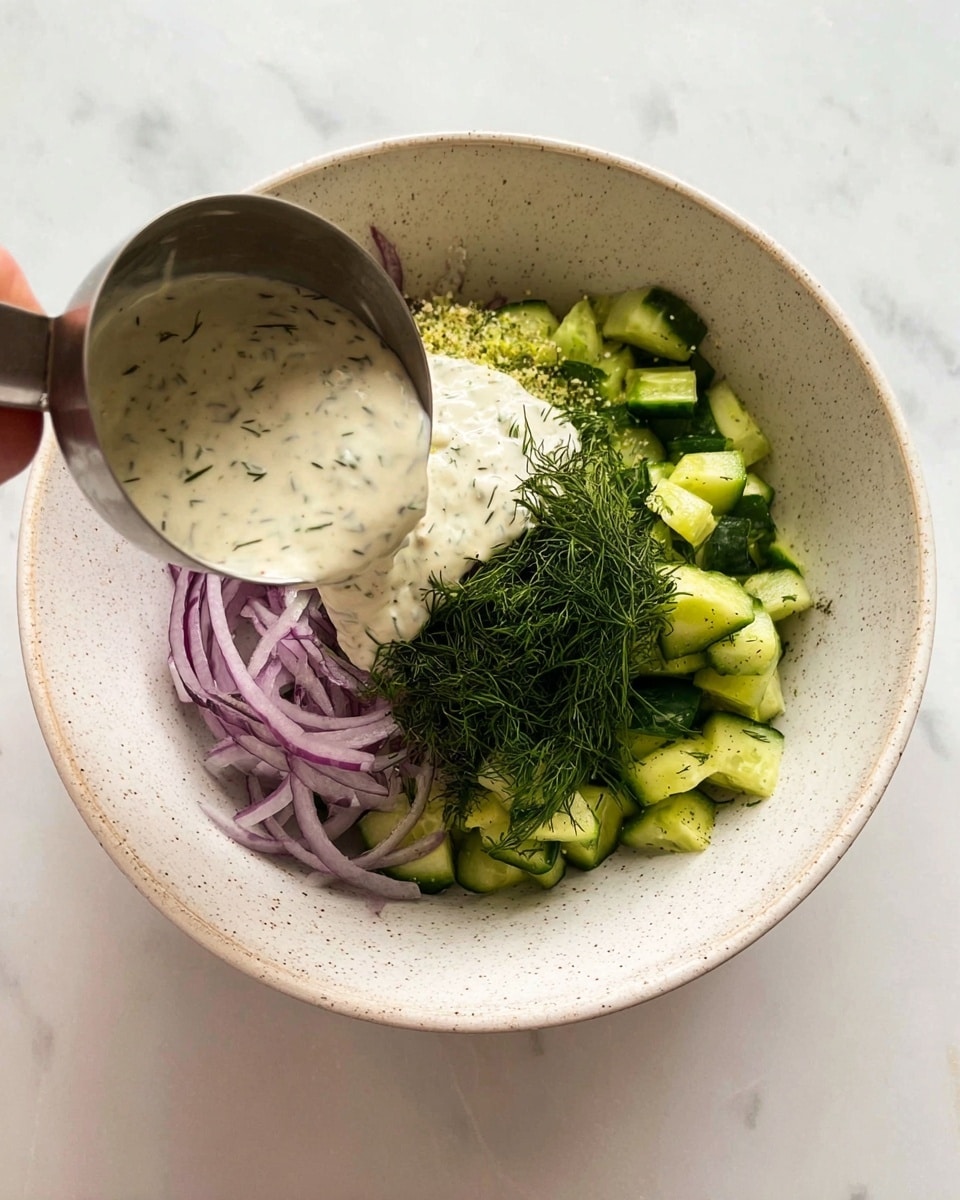 A white speckled bowl holds three visible layers of ingredients arranged separately: at the bottom, there are chopped green cucumbers and thin slices of purple onion with a few sprigs of fresh dark green dill on top. A woman's hand is tilting a small metal measuring cup, pouring a creamy white sauce with specks of herbs over the cucumbers and onions. The bowl is placed on a white marbled surface. Photo taken with an iphone --ar 4:5 --v 7