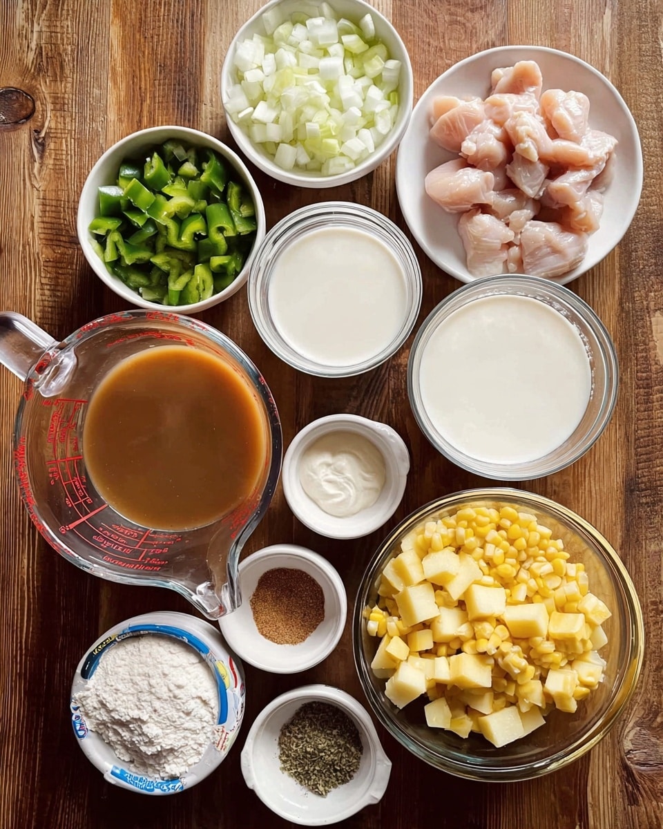 The image shows various ingredients arranged in white bowls and clear glass measuring cups on a wooden surface. There are diced green peppers and white onions in a small white bowl at the top left, with small pieces of raw chicken in a similar white bowl to the right. A large glass measuring cup filled with brown liquid is placed below the vegetables, and next to it is a smaller glass measuring cup with white liquid. To the right of these cups, a clear bowl holds diced yellow potatoes and corn kernels. Below the cups, there is a small white bowl with white flour and another small white bowl containing different ground spices. There is also a container of creamy yogurt visible in the middle of the layout. The photo is taken with an iphone --ar 4:5 --v 7