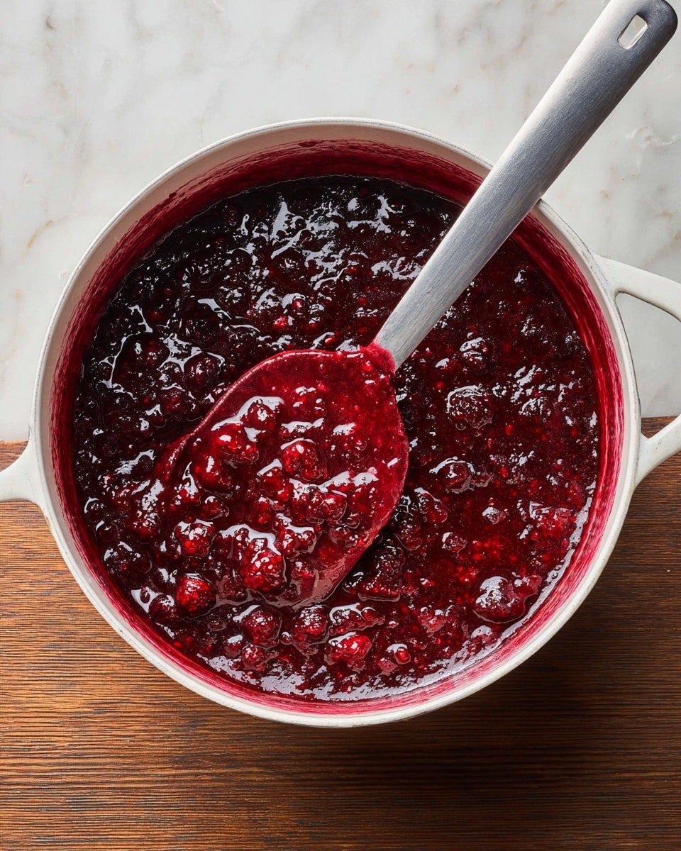 A white pot filled with thick, dark red sauce containing whole and broken berries, showing a glossy and chunky texture. A gray spatula with a silver handle rests inside the pot, partially covered with the sauce. The pot sits on a table with a white marbled texture. photo taken with an iphone --ar 4:5 --v 7