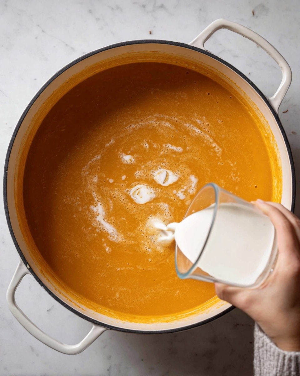 A close-up top view of a large white pot filled with thick, smooth orange soup. A woman's hand is pouring a white creamy liquid into the center of the soup, creating small swirls on the surface. The pot is set on a white marbled textured surface. Photo taken with an iphone --ar 4:5 --v 7