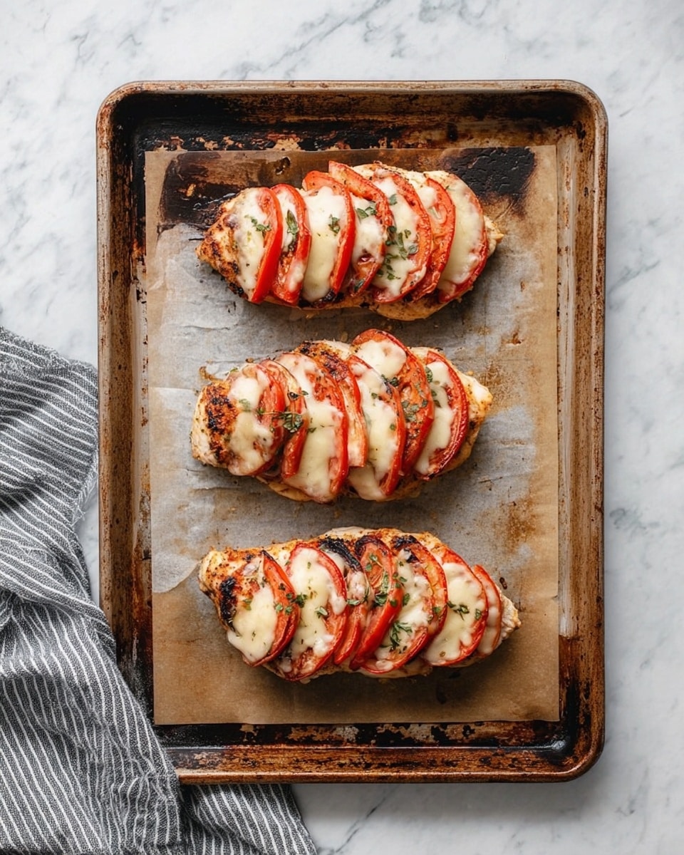 The image shows four cooked chicken pieces arranged in a single row on a baking tray lined with parchment paper. Each chicken piece has five layers of sliced red tomato and toasted melted cheese evenly spaced and stacked on top, with some green herbs visible between the layers. The baking tray has a worn look with dark marks and stains, and it rests on a white marbled surface. A gray striped cloth is partially visible on the lower left side of the image. photo taken with an iphone --ar 4:5 --v 7