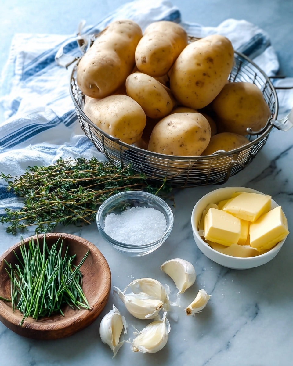 A metal basket filled with smooth light brown potatoes rests on a white marbled surface with a white cloth featuring blue stripes in the background. To the right, a small white bowl holds several square pieces of yellow butter. In front, a clear glass bowl is filled with coarse white salt, and next to it, there are several peeled garlic cloves showing their creamy beige and off-white layers. On the left side, a round wooden bowl contains fresh green herbs including rosemary, thyme, and chives, arranged neatly. The overall setup sits on a blue toned surface with a soft natural light. photo taken with an iphone --ar 4:5 --v 7