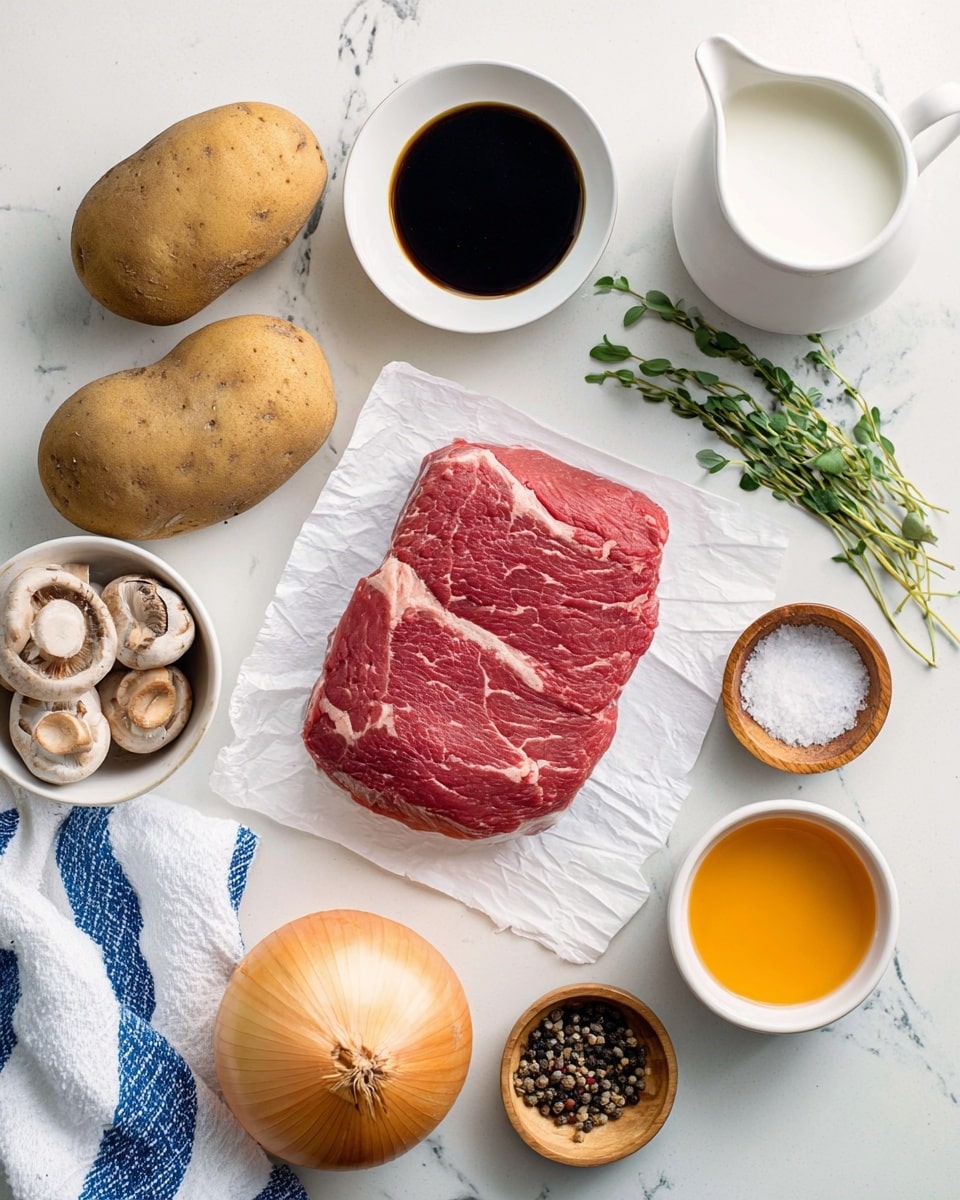 A fresh, raw cut of red meat with white marbling is placed on white parchment paper in the center. Surrounding it are two raw brown potatoes at the top, a white bowl of dark soy sauce to the right of the potatoes, a white pitcher of milk to the right of the soy sauce, and a small wooden bowl with whole garlic cloves below the pitcher. Green tarragon leaves lie beside the garlic bowl. Below the meat is a whole yellow onion, and near the bottom left side of the image is a white bowl holding three brown mushrooms. Two small wooden bowls hold coarse salt and black peppercorns. Two white bowls containing light brown and orange liquids are placed on the top left and bottom right corners respectively. A white towel with blue stripes is partially visible at the bottom left corner. All items rest on a white marbled surface photo taken with an iphone --ar 4:5 --v 7