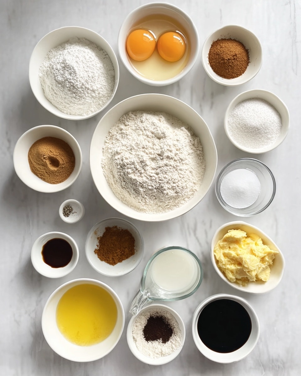 A top view of an arrangement of ingredients for baking on a white marbled surface, showing twelve white bowls and a clear glass jug. In the center, a large white bowl is filled with white flour. Clockwise from the top left: a small white bowl with white powder, a white bowl with two raw eggs showing bright orange yolks, a small white bowl with light brown sugar, a small white bowl with brown powder, a small white bowl with pale yellow mashed substance, a small white bowl with bright yellow zest, a clear glass jug filled with white liquid, a small white bowl with light brown dry powder, a small white bowl with dark liquid, a small white bowl with white powder, a small white bowl with off-white powder, and a small white bowl with dark brown powder. In the middle left, there is a clear small bowl with melted yellow butter. Photo taken with an iphone --ar 4:5 --v 7
