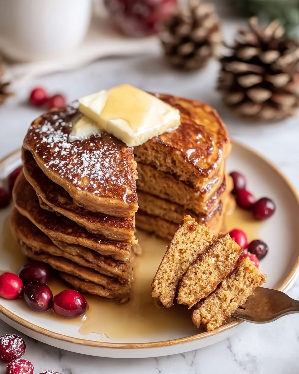 A stack of five thick pancakes with a brown, slightly crispy texture sits on a white plate with a golden rim, placed on a white marbled surface. The top pancake has a square pat of pale yellow butter melting in the middle, with syrup poured lightly over the stack giving a shiny glaze. A slice of the stack is cut out and held by a fork, showing the soft, fluffy layers inside that are a lighter brown. Bright red cranberries are scattered around the plate, and a few pine cones are blurred in the background. Photo taken with an iphone --ar 4:5 --v 7