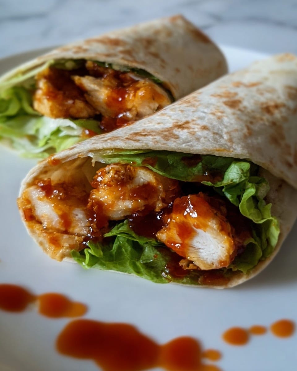 A close-up view of a wrap placed on a white plate with a white marbled background, showing three main layers inside: light beige toasted flatbread on the outside, green fresh lettuce leaves inside, and golden-brown cooked chicken pieces coated with a shiny reddish-orange sauce. There are drops of the same reddish-orange sauce spread around the plate near the wrap's edge. The wrap fills most of the frame, giving a clear look at the texture of the chicken and the softness of the flatbread. Photo taken with an iphone --ar 4:5 --v 7