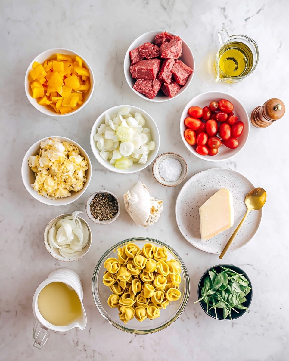 The image shows multiple white bowls and a glass container with various colorful ingredients arranged neatly on a white marbled surface. There are three small white bowls with chopped yellow bell peppers, sliced white onions, and halved cherry tomatoes. One larger white bowl holds chunks of raw red meat, while a clear glass bowl contains yellow stuffed tortellini pasta. A small white bowl holds a creamy sauce with visible spices, and another small white bowl has a mix of dried spices. A light gray plate holds a pile of grated white cheese and a wedge of hard cheese. Nearby are a bottle of olive oil, a wooden pepper grinder, a small white bowl with salt and a gold spoon, a glass jug with light yellow broth, and a small black and white bowl with fresh green herbs. Three tortellinis are placed directly on the white marbled surface. The photo taken with an iphone --ar 4:5 --v 7