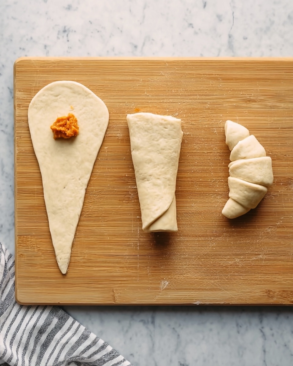 The image shows three stages of rolling a piece of dough shaped like a long triangle with a rounded top on a light brown cutting board. On the left, there is the dough flat with a small dollop of orange filling placed near the wide top part. In the middle, the dough is partially rolled from the wide end towards the pointed end, making a short tube shape. On the right, the dough is fully rolled into a small crescent shape. The cutting board is set on a white marbled surface and a striped cloth is partly visible at the bottom left corner. photo taken with an iphone --ar 4:5 --v 7