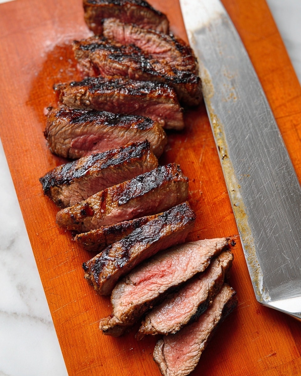 The image shows a sliced grilled steak arranged in a slightly curved line on a wooden cutting board. The steak has a dark brown, slightly charred crust on the outside with a pink and juicy interior visible in each slice. The slices are medium-thick and placed closely together. To the right of the steak, there is a large, silver kitchen knife resting on the cutting board, its blade showing some use marks. The entire scene is set on a white marbled surface. photo taken with an iphone --ar 4:5 --v 7