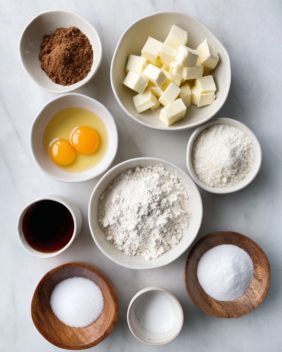 This image shows ten small bowls and dishes on a white marbled surface, arranged in a loose circle. The largest bowl at the bottom holds fine white flour, while the bowl above it contains cubed butter, small and pale yellow. To the right of the butter is a bowl holding two raw eggs, with bright yellow yolks visible. Next to the eggs, another bowl contains a white powder, likely flour or powdered sugar. There is a small dish with dark brown liquid, probably vanilla, near the bottom left. Above it, a round white bowl has a brown spice. Next to that, a wooden bowl has white powder, and another small wooden bowl to the left has white granules, likely salt. At the top center, a bowl holds packed brown sugar, and to its right, a bowl contains white granulated sugar. All bowls are simple and white or wooden, placed neatly with some space between them photo taken with an iphone --ar 4:5 --v 7