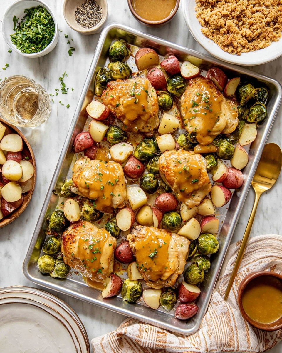 A metal baking tray filled with six pieces of cooked chicken topped with a shiny golden-brown sauce and sprinkled with small green herb leaves, surrounded by roasted red and white potato halves and vibrant green Brussels sprouts, some browned from roasting. The tray sits on a white marbled textured surface with a gold spoon resting on the right edge. Nearby, there is a white bowl filled with a crumb-like topping, a small white bowl of fresh green herbs, a small dish of black pepper, a glass bowl with more golden sauce, a stack of white plates, and a white and brown striped cloth partially in the frame. Photo taken with an iphone --ar 4:5 --v 7