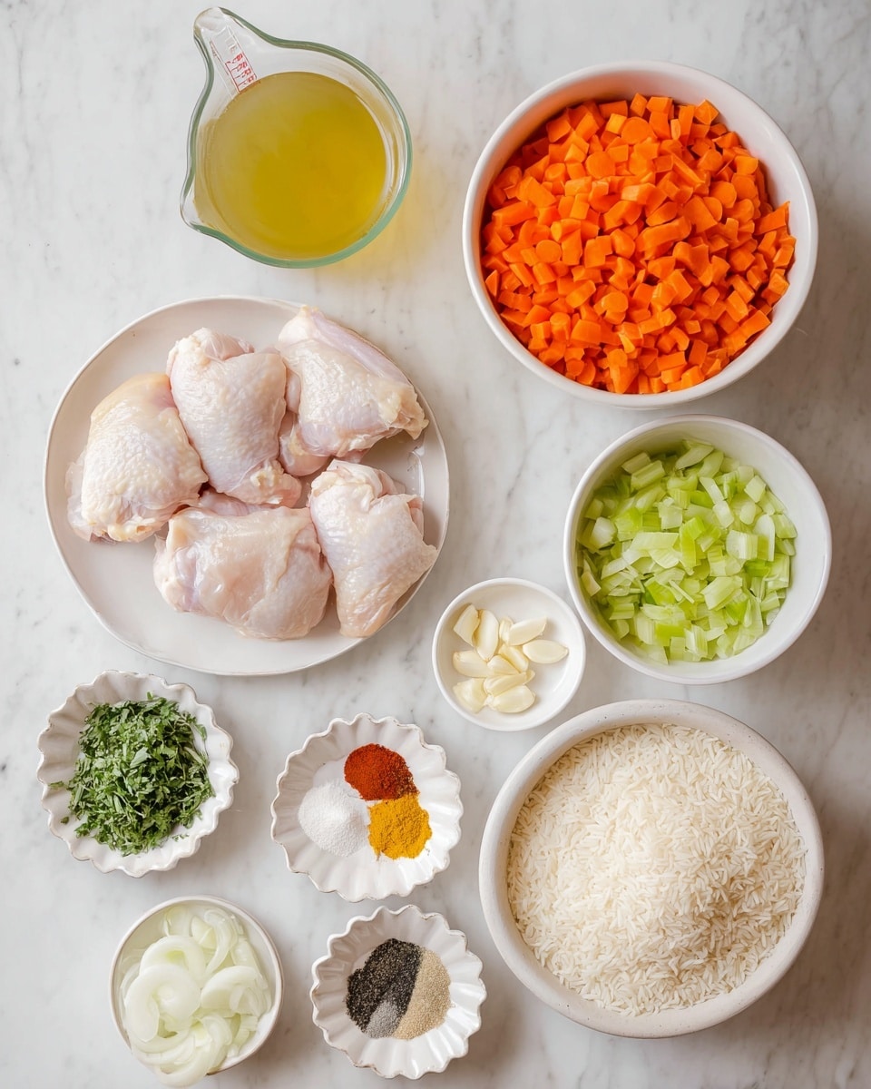 The image shows several white bowls and a white plate on a white marbled surface with ingredients for cooking. The white plate holds five uncooked, pale pink pieces of chicken with some skin visible. There is a large white bowl filled with chopped orange carrots, another white bowl with uncooked white rice, a small white bowl with chopped green celery, and a scalloped white bowl containing different spices divided into sections by color: white, red, yellow, black, and green. A small white bowl has chopped garlic, another white bowl has chopped white onions, and a small white bowl holds mixed green herbs. A clear measuring jug with a yellow liquid is placed at the top left of the image. Photo taken with an iphone --ar 4:5 --v 7