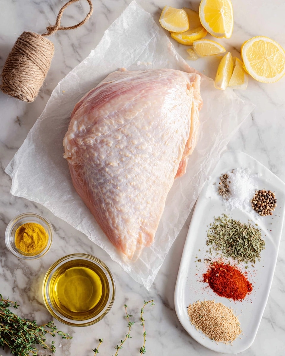 A raw turkey breast with skin lies on translucent parchment paper, placed on a white marbled surface. To the top right, a white plate holds seven small piles of spices and herbs, each a different color: reddish paprika, light brown granules, green herbs, white salt, black pepper, and two other shades of herbs. Just below the plate, a small glass bowl contains yellow mustard. Above the plate is a small glass filled with golden olive oil. Lemon wedges are scattered around the edges of the frame, and a piece of twine with a knot is near the top left corner. A sprig of thyme is visible near the bottom left. The photo taken with an iphone --ar 4:5 --v 7