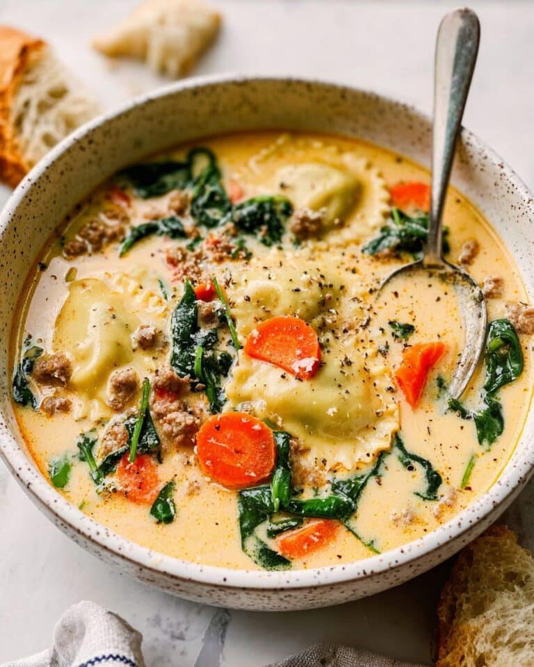 Creamy Ravioli Soup with Ground Turkey and Spinach Recipe