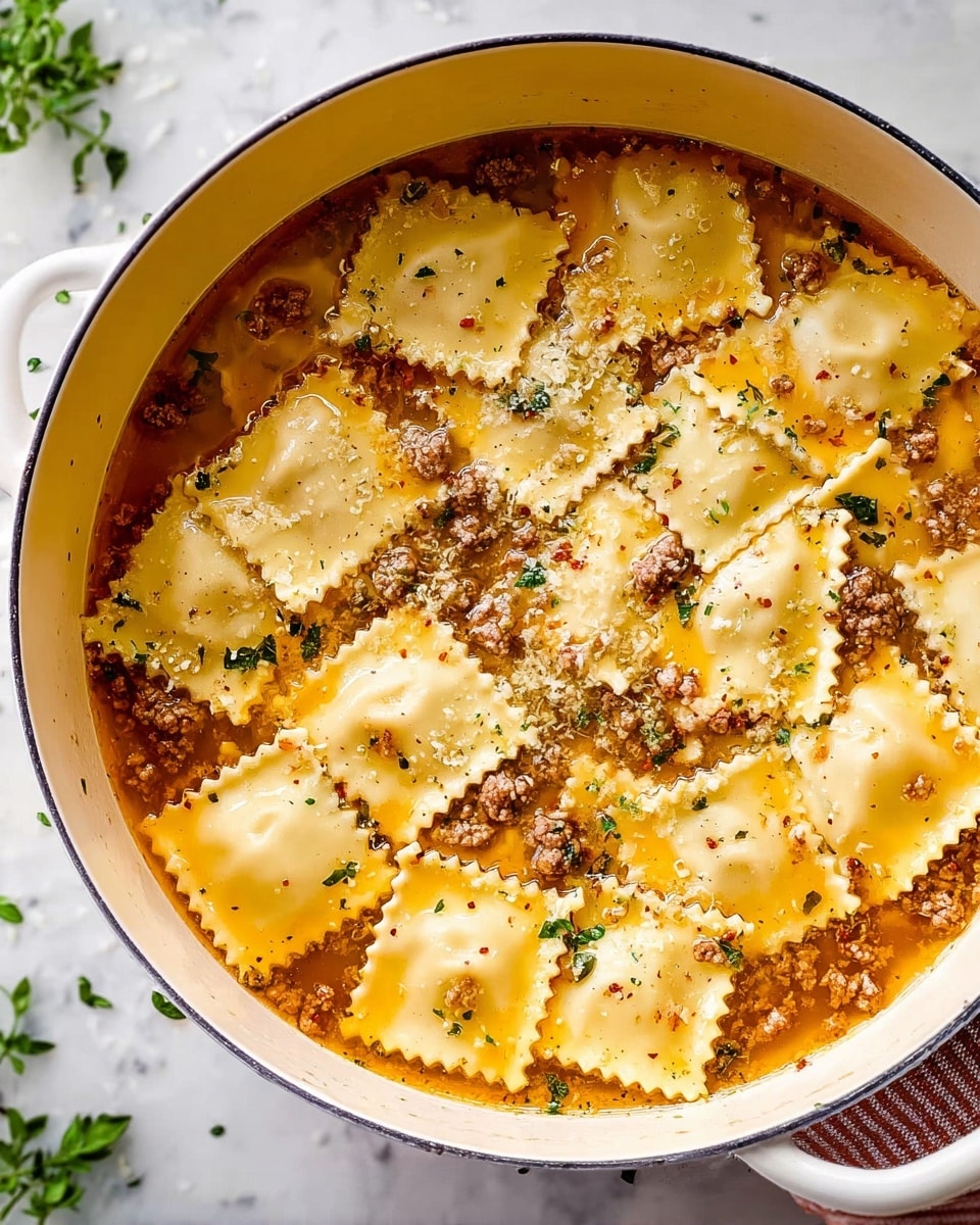 The image shows a white pot filled with a clear broth soup containing multiple layers of large square ravioli pasta with ruffled edges floating on top. The ravioli pieces are light yellow and slightly translucent, revealing a smooth texture. Scattered among them are small bits of browned ground meat and tiny green herb pieces. The broth has a warm golden color with a slight oily sheen, creating bright orange highlights around the pasta and meat. The pot sits on a white marbled surface, with small green herb leaves scattered around it. Photo taken with an iphone --ar 4:5 --v 7