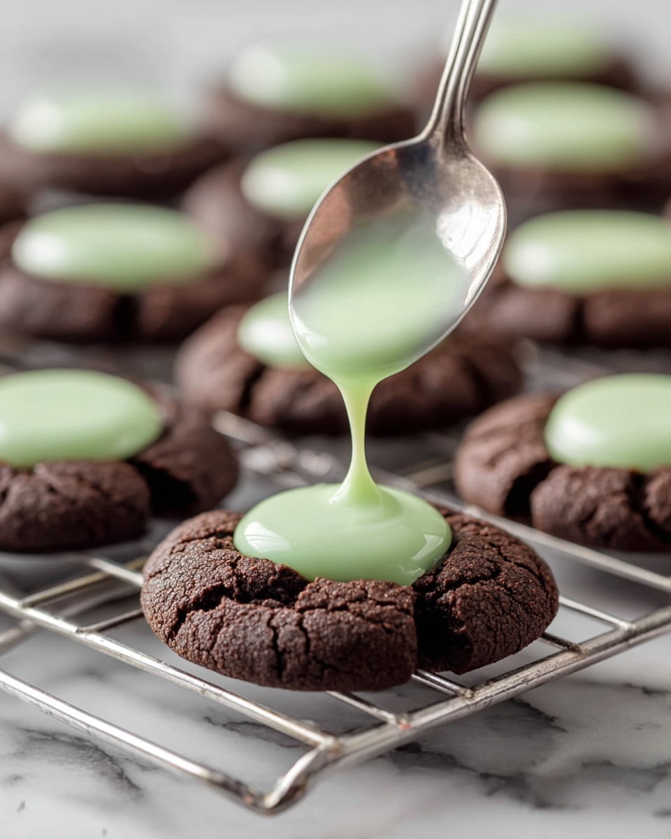 A close-up view shows a dark brown, soft cookie with deep cracks around the edges forming a shallow hollow in the center. A silver spoon held above is pouring a thick, light green cream filling into the hollow, with the cream dripping slowly off the spoon. Multiple cookies with the same dark outer layer and filled with smooth, pale green filling are arranged in rows on a silver cooling rack, placed on a white marbled surface. The image focuses sharply on the cookie and spoon in the foreground, while the background cookies are softly blurred, showing texture contrast between the rough cookie and smooth filling, photo taken with an iphone --ar 4:5 --v 7